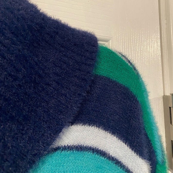 Lands End Size M Blue Stripe Fuzzy Cowl Neck Long Sleeve Pullover Sweater - Picture 6 of 11